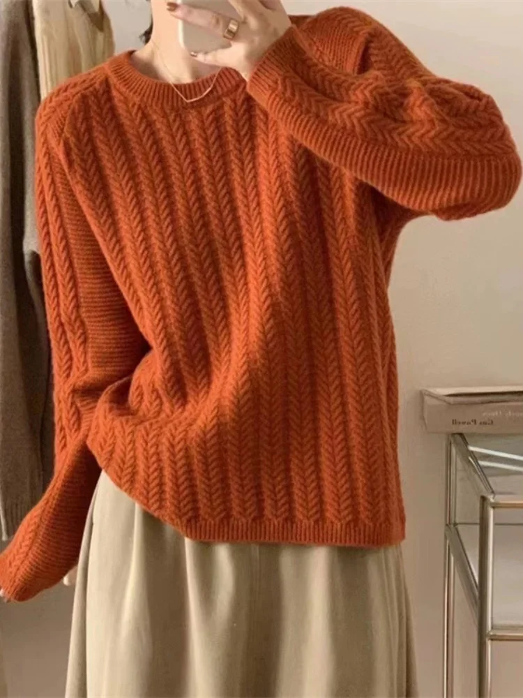 

Модные топы 2023, Женский Свитер оверсайз, женский осенне-зимний пуловер с круглым вырезом, однотонный вязаный толстый свитер с длинным рукавом