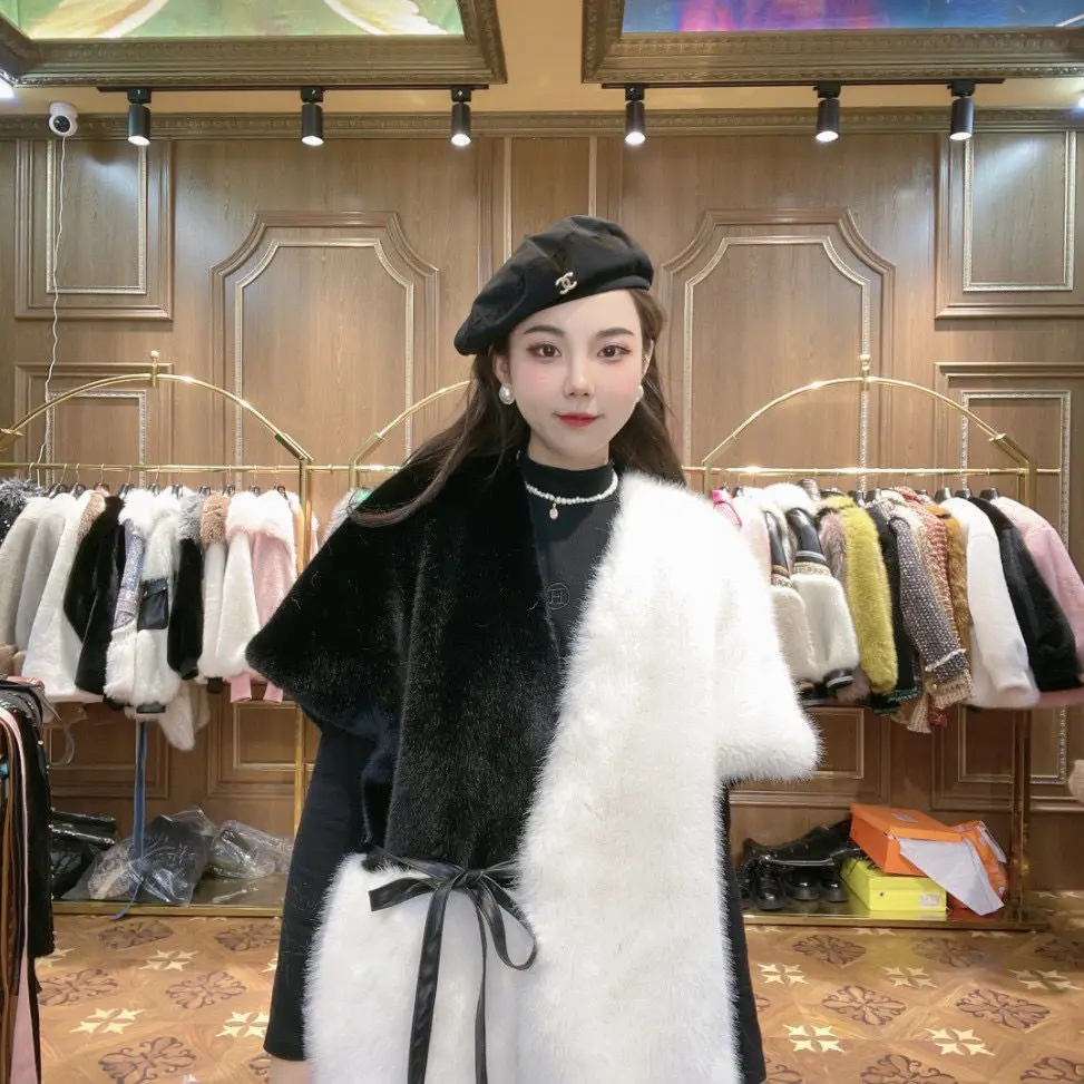 2022 Winter Coat Women New Fashion Faux Fur Coat Loose Slimming Temperament Contrast Color Warm All-Matching Ladies Fur Jacket