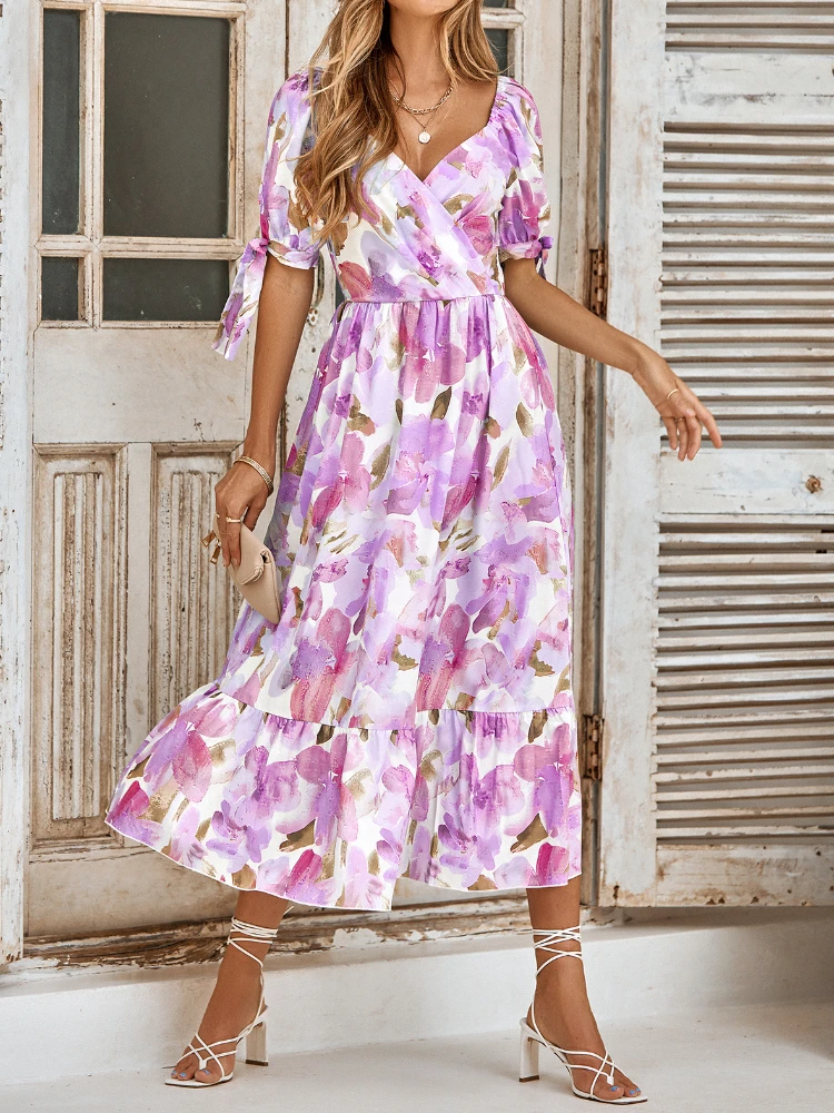 

Платье женское летнее ТРАПЕЦИЕВИДНОЕ с цветочным принтом и коротким рукавом