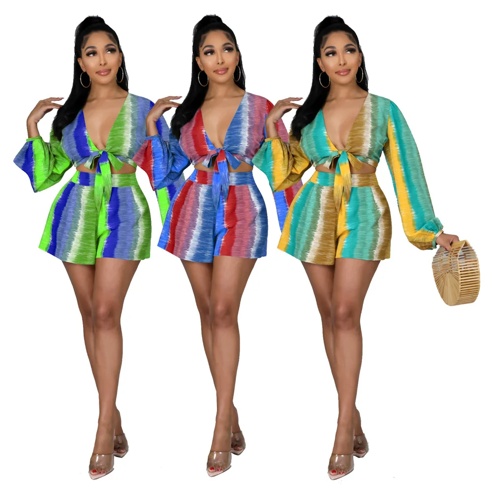 

Летний комплект из двух предметов для женщин 2022, модная повседневная женская рубашка с длинным рукавом и принтом, элегантный комплект с шор...