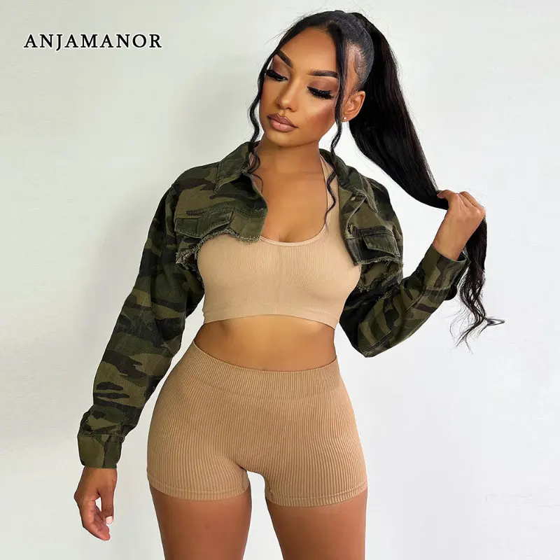 

ANJAMANOR Camouflage Cropped Jackets Coats Women Streetwear Fashion Short Denim Jacket Outerwear Trending Products D82-EZ27