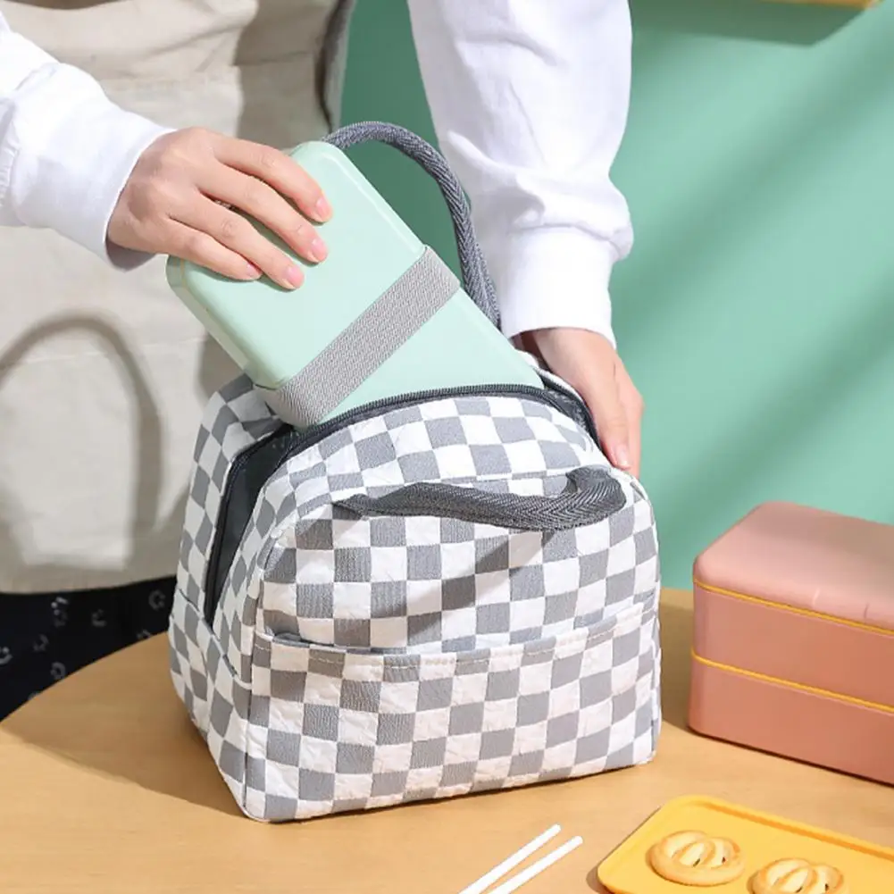 

Heat Preservation Portable Plaid Pattern Lunch Bento Box Bag Home Supplies