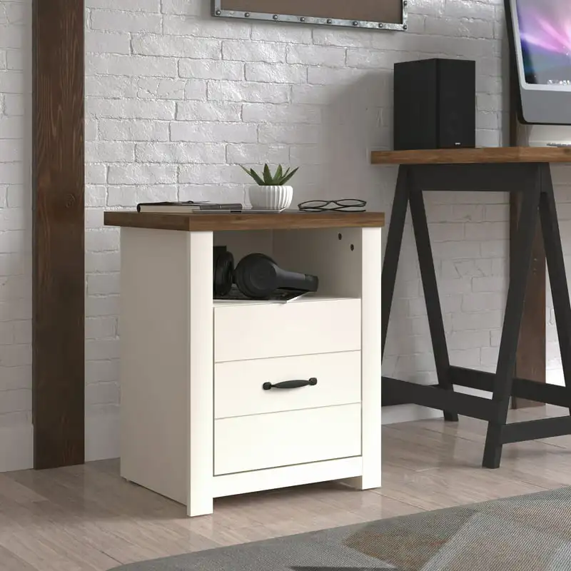 

Lancaster Farmhouse Oak Top End Table with USB Ports and Power Outlet, Ivory/Oak