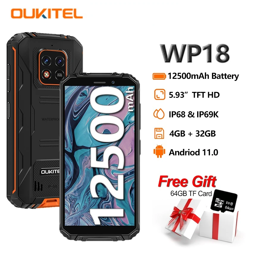 OUKITEL WP18 12500mAh Battery Rugged Smartphone 5.93'' HD Quad-Core Helio A22 4GB+32GB Cell Phone Android 11 4G Mobile Phone