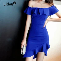 one word collar evening party sexy ruffles solid color tight reunion short sleeve dresses womens clothing 2022 fashion skirt