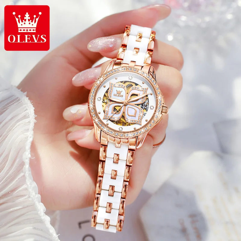 OLEVS Watches for Women Diamond Ceramics Strap Waterproof Automatic Mechanical Watch Fashion Four Leaf Clover Ladies' Wristwatch