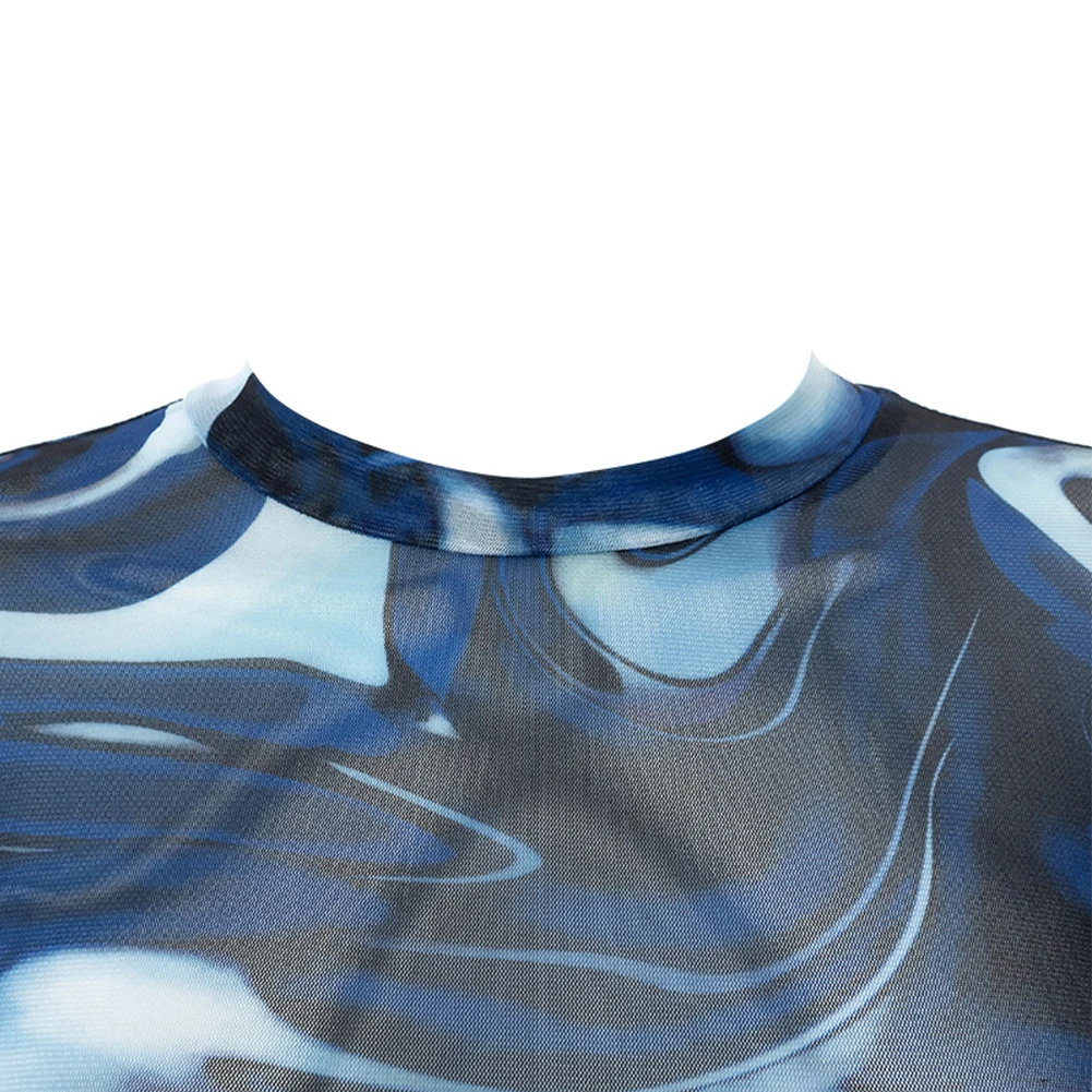 

Women Slim T Shirts O Neck Long Sleeve Crop Tops See Through Sexy Print Y2k Tee