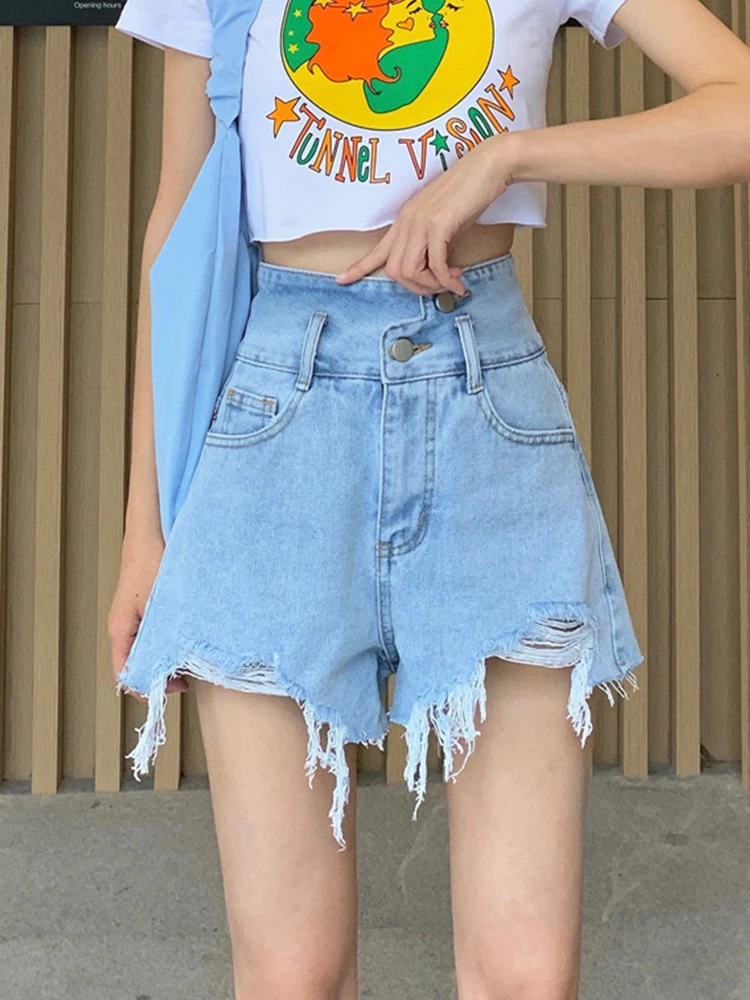 Streetwear Women Loose Hole Raw Hem Blue Denim Shorts Spring Summer Female Button Wide Leg Jeans Shorts Bottoms