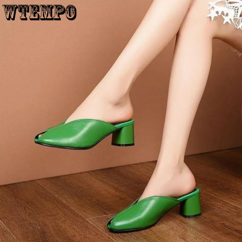 

WTEMPO Slip-on Slippers High Heeled Shoes Womens Mules Pumps Peep Toe Square Heel Casual Sandals Summer Lady Slipper Wholesale