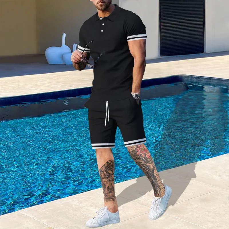 2023 summer men's new button POLO shirt shirt + shorts 2 sets of men's casual breathable sportswear home office