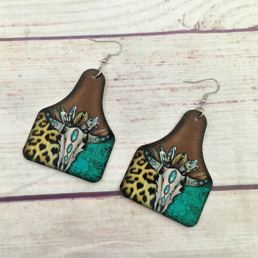Западный Леопард бирюза корова Череп узор Longhorn ферма Бирка Серьги для женщин