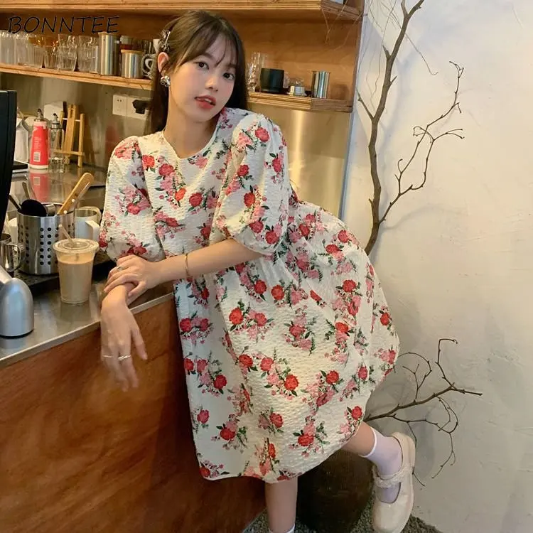 Женское мини-Платье с цветочным принтом, повседневное свободное винтажное Платье в Корейском стиле с рукавами-фонариками для девушек