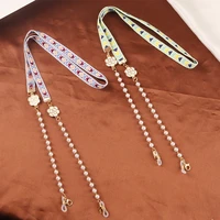 2022 fashion flower pearl color fabric sunglasses mask holder lanyard retro checker pattern glasses chain neck strap for women