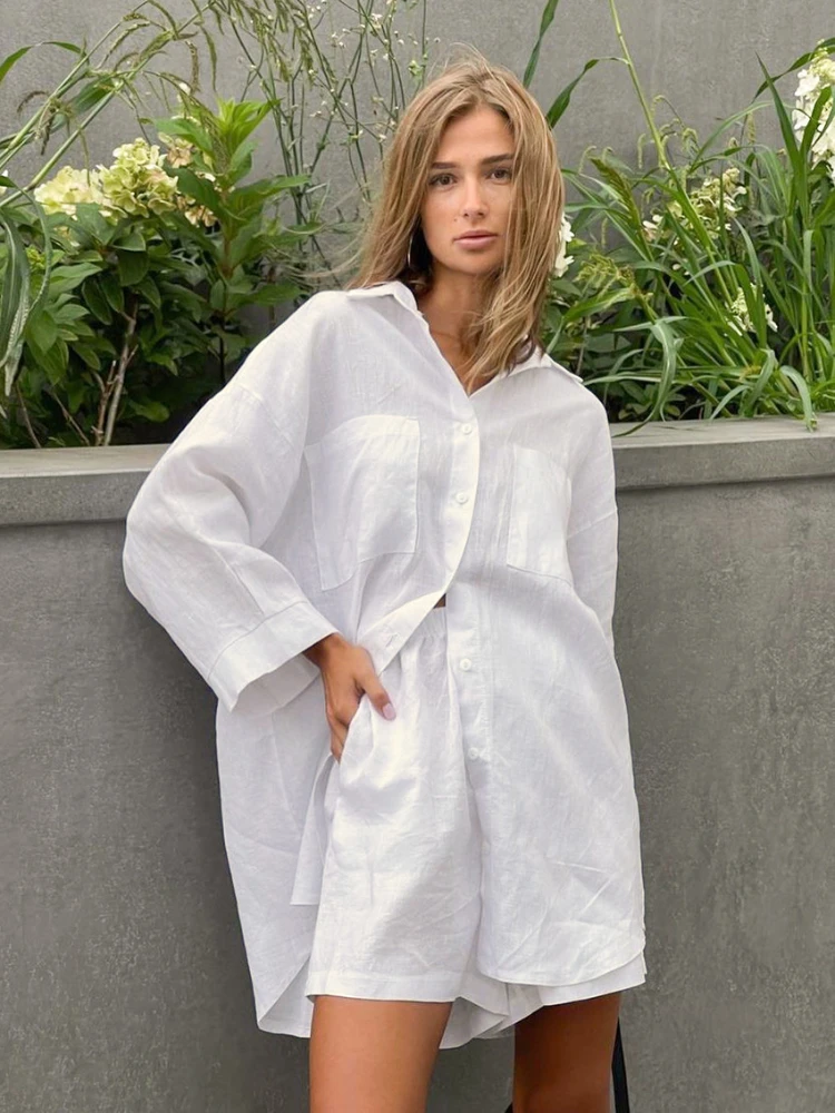 

Bornladies Stylish Cotton Casual Women Two Piece Short Sets Summer High Waist Shirt Suit Set Fashion 2 Pieces Sets 2022