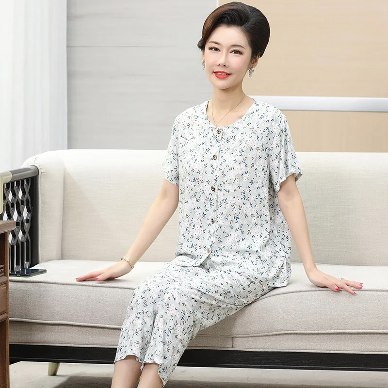 

2PCS Women Mother Floral Pajams Sets Short Sleeve T-Shirts&Pyjamas Pant Suit Cotton Sleepwear Nightwear XL-4XL Home Clothes