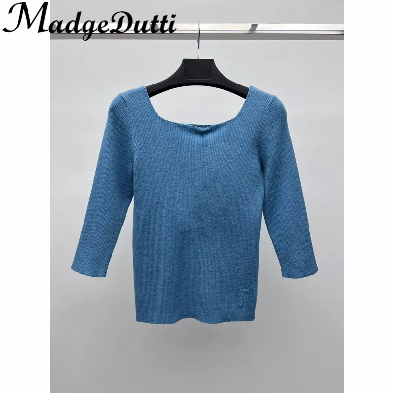

3.6 MadgeDutti Letter Jacquard Square Collar Slim Basics Top Wool Knitwear Women