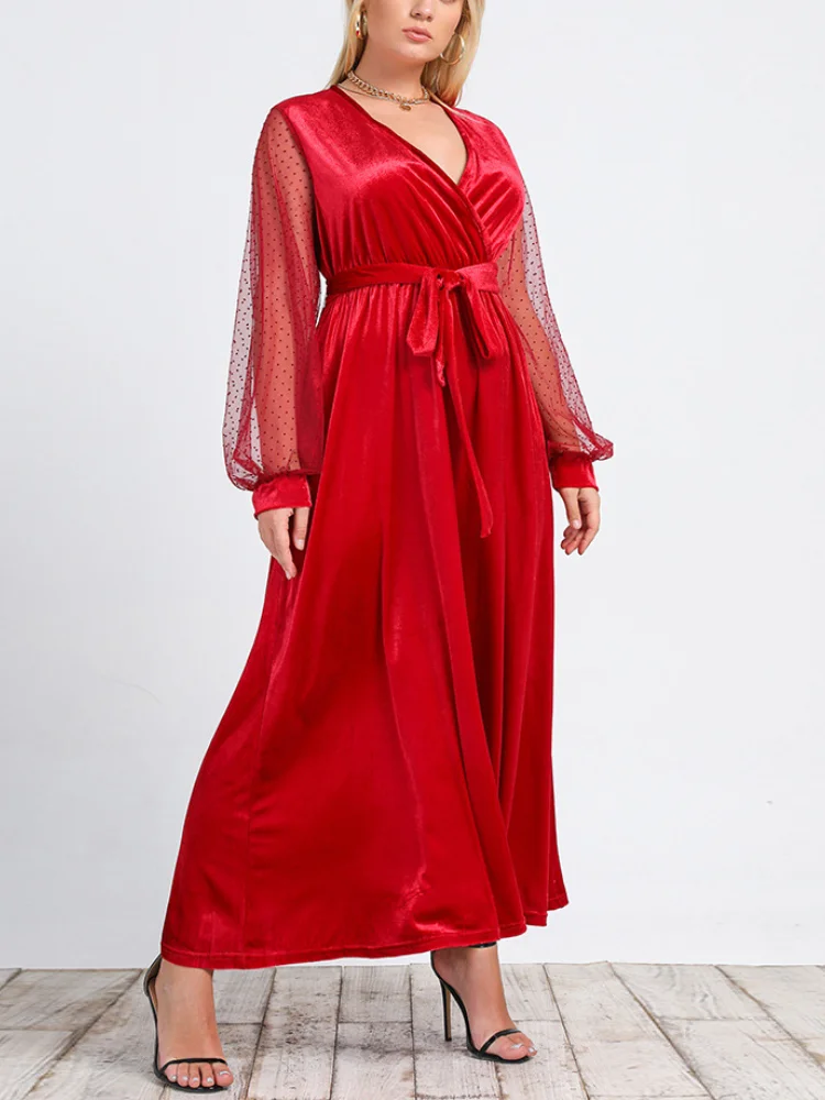 

Red Dresses Plus Size 4XL Sexy V Neck Long Tulle Sleeve High Waist A Line Gowns Dress with Waist Belt Evening Birthday Party New