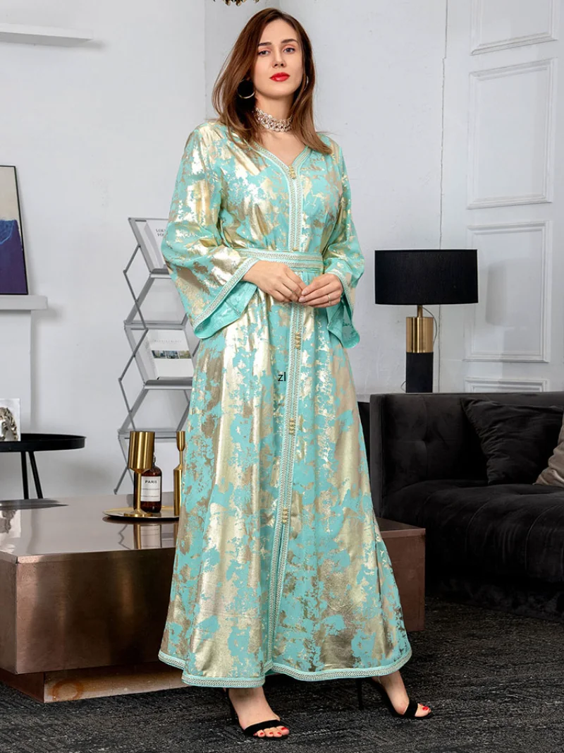 

Gold Print Long Dress Abaya for Women's Moroccan Caftan Belted Lined Chiffon Muslim Islam Dubai Arab Party Kaftan Ramandan