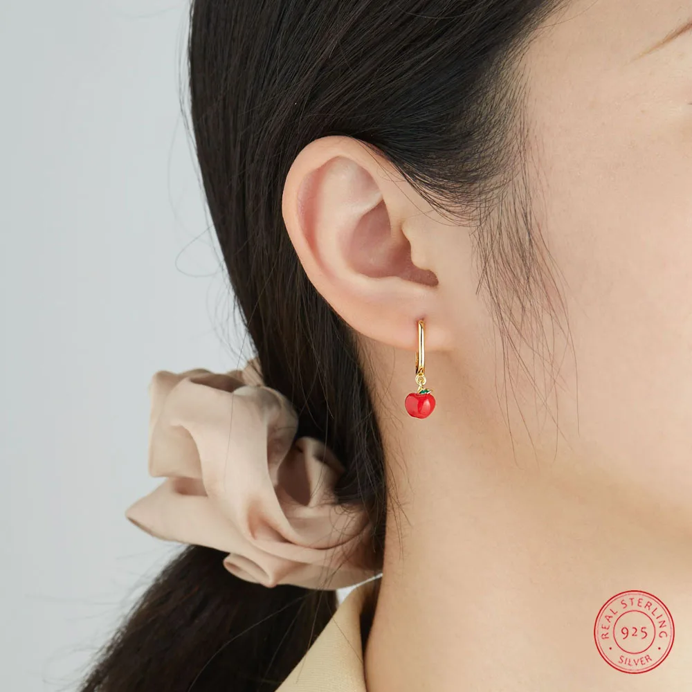 

S925 Sterling Silver Earrings For Women's Single Apple Earrings Simple Fashion Personality Fruit Gold Earrings Jewelry Gifts