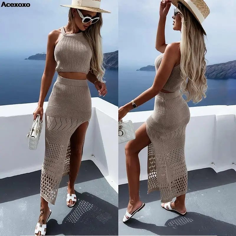 

2023 women's summer new fashion casual sleeveless halter slit short section package buttock two-piece set