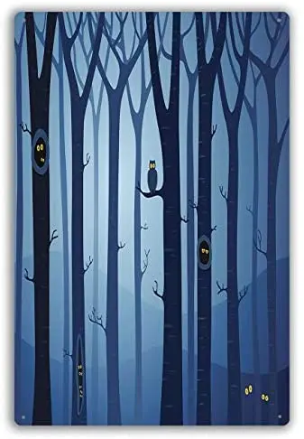 

Metal Sign Mysterious Forest with Animals Hiding Between The Trees at Night Modern Wall Art