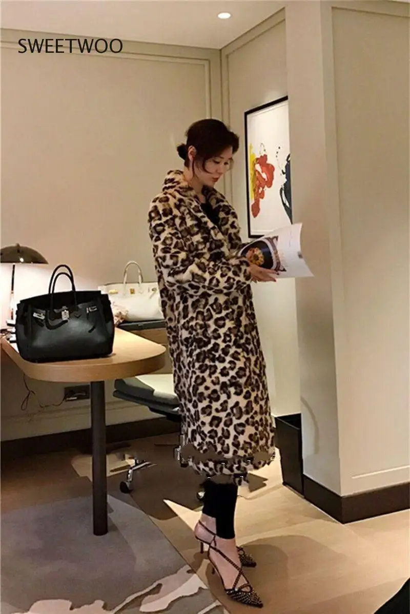 Classic Leopard Print Color Faux Fur Coat Women Long Thick Warm Jackets Fluffy Star Style Overcoats Winter Street Outerwear 2020