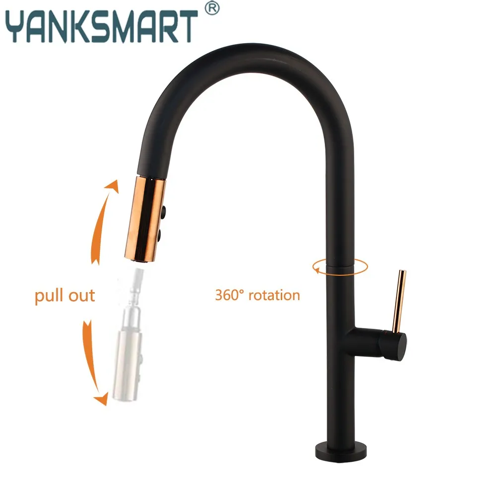 

YANKSMART Kitchen Faucet Rose Gold & Black Basin Sink Tap Deck Mount 360 Rotation 2 Functon Modes Pull Out Spout Mixer Water Tap