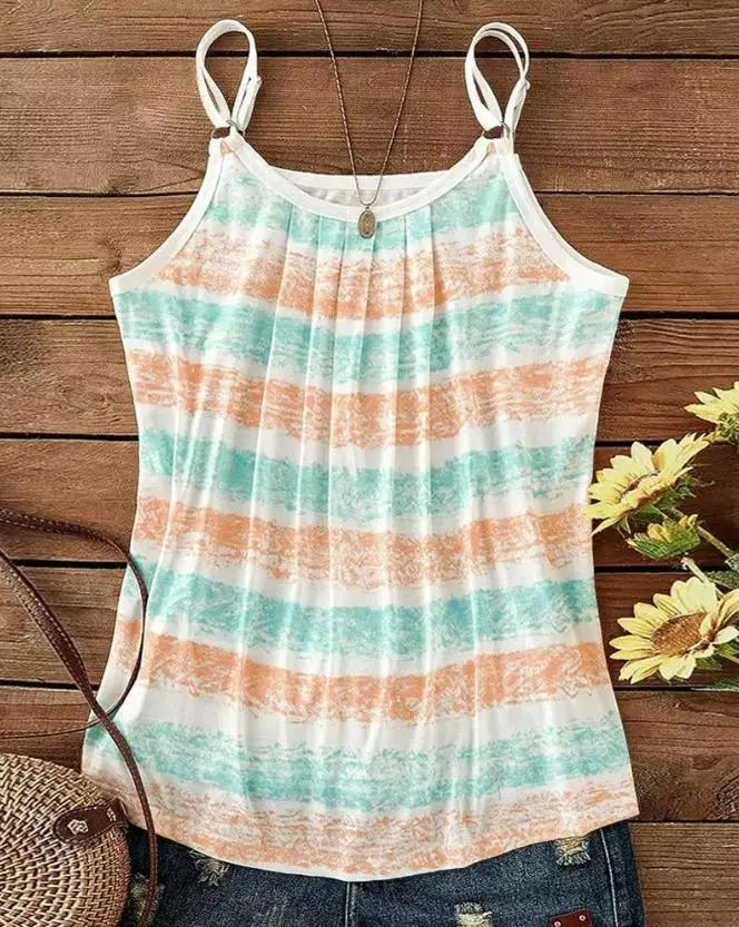 

Fashion Woman Blouse 2023 Summer New Casual Fashion Striped Colorblock O-Ring Decor Tank Top Simple Daily Life Y2K