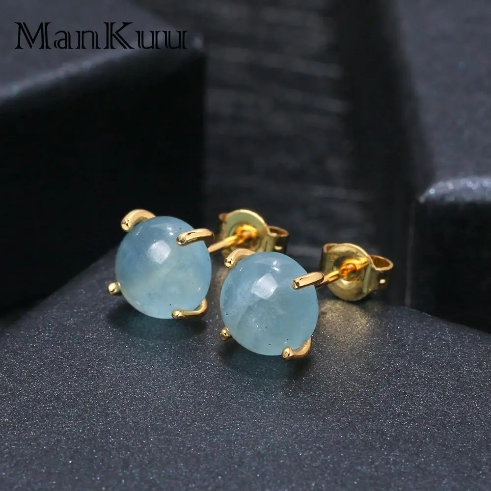 Женские серьги-гвоздики из серебра 925 пробы с натуральным аквамарином