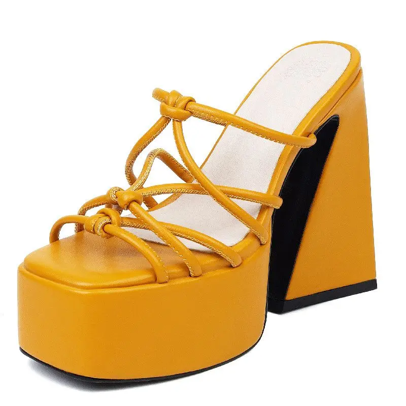 

Летние пикантные женские тапочки из микрофибры, кожа, очень толстый каблук, платформа, желтые, большие размеры 44-46, обувь для женщин