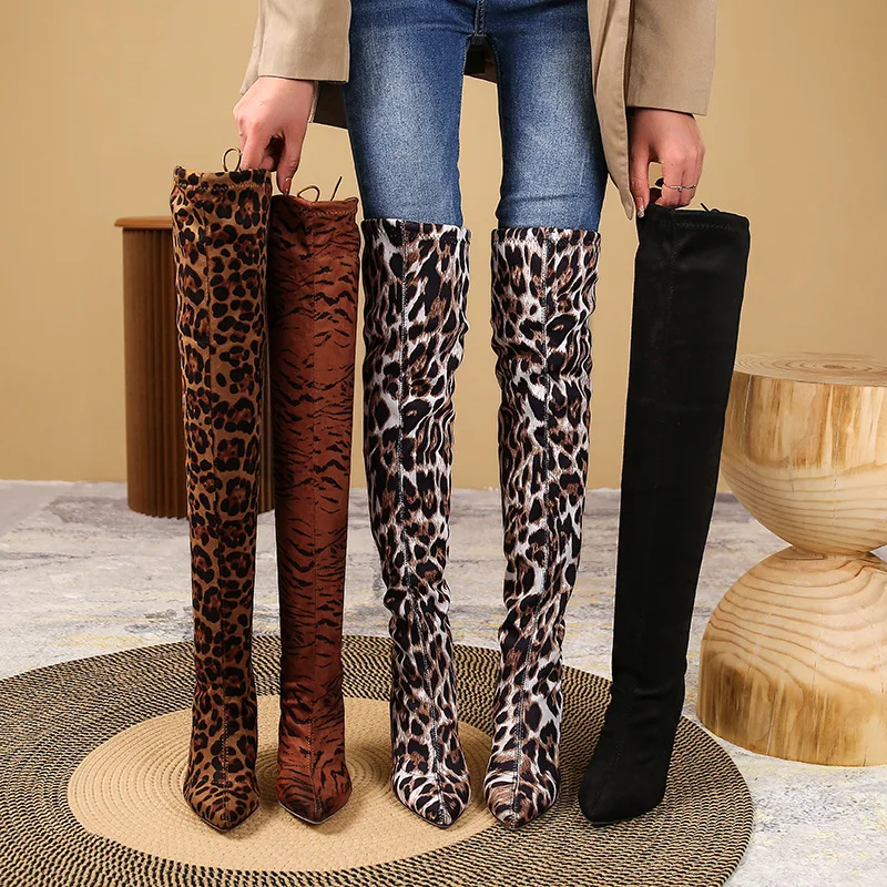 

BCEBYL Ladies Fashion Leopard Print Over Knee Boots Autumn Winter High Boots Pointed Toe Stretch Fabric Ladies High Heels Bottes