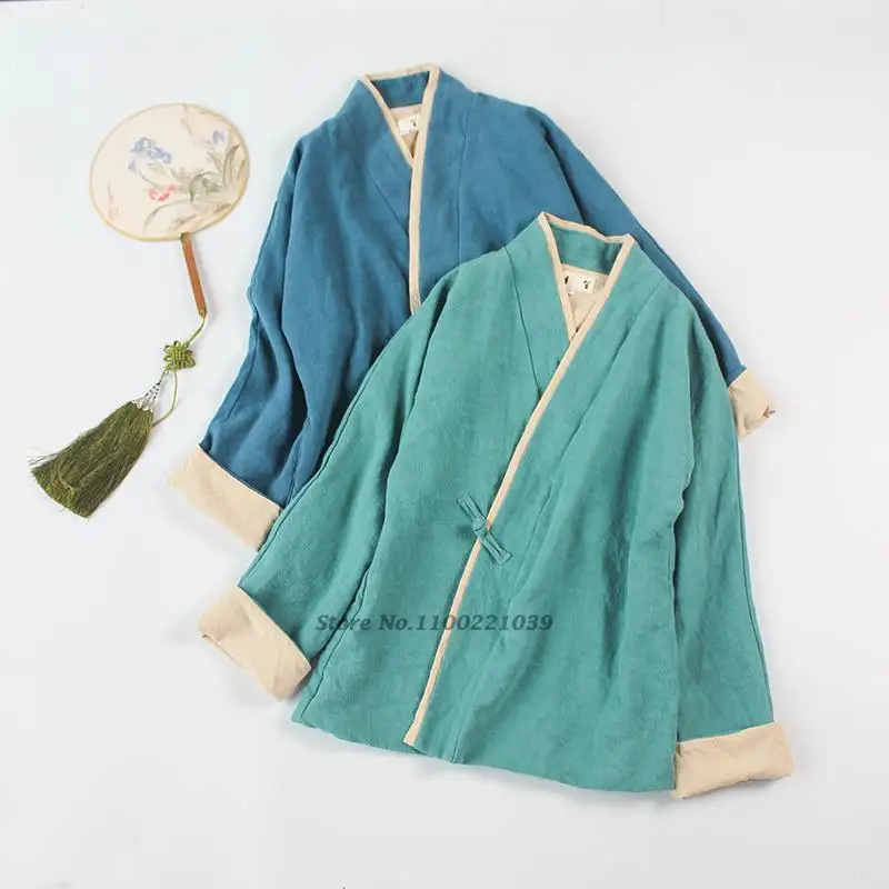 2023 national cotton linen tang suit women chinese loose jacket ethnic vintage hanfu tops long sleeves short cardigan zen suit