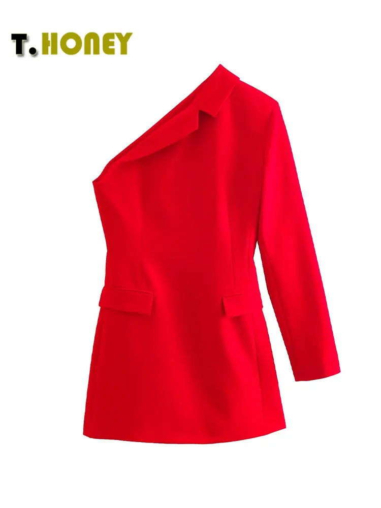 

Женское модное однотонное мини-платье TELLHONEY с асимметричным воротником и карманами, с боковой молнией, женские повседневные облегающие пла...