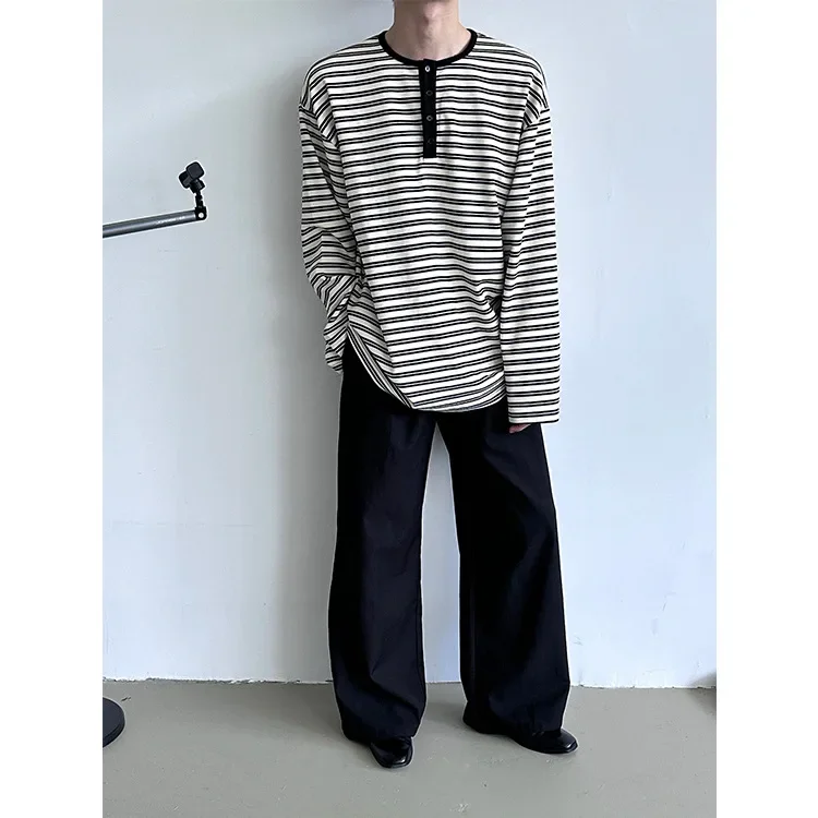 Осень 2024 винтажная футболка свободного кроя с воротником на пуговицах полосатая