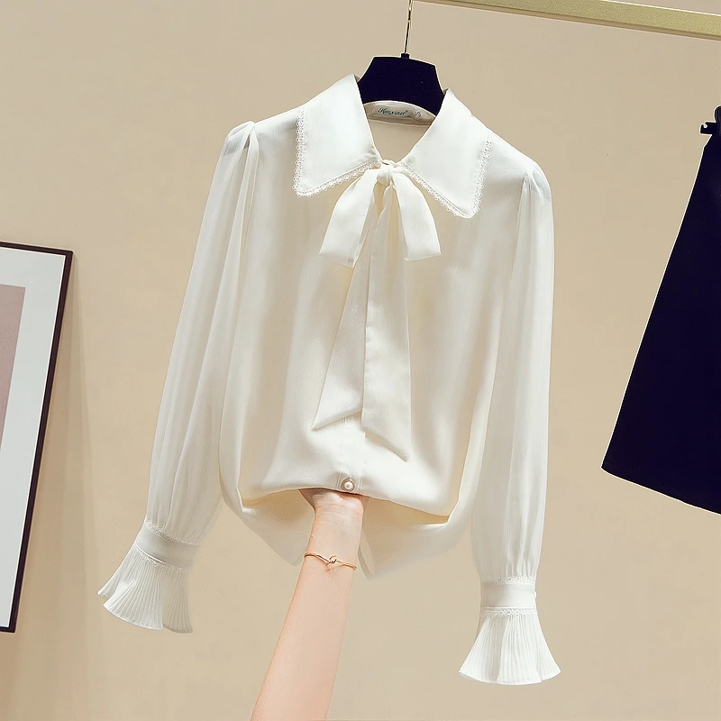 

Женская Офисная рубашка с длинным рукавом, блузка с отложным воротником и бантом, Повседневная Блузка с расклешенными рукавами, одежда для ...