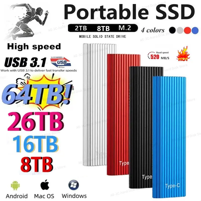 

New External Flash Drive HDD Portable 1tb SSD 64TB 16TB 8TB HD Externo Hard Disks USB3.0 Storage Decives for Computers Notebook