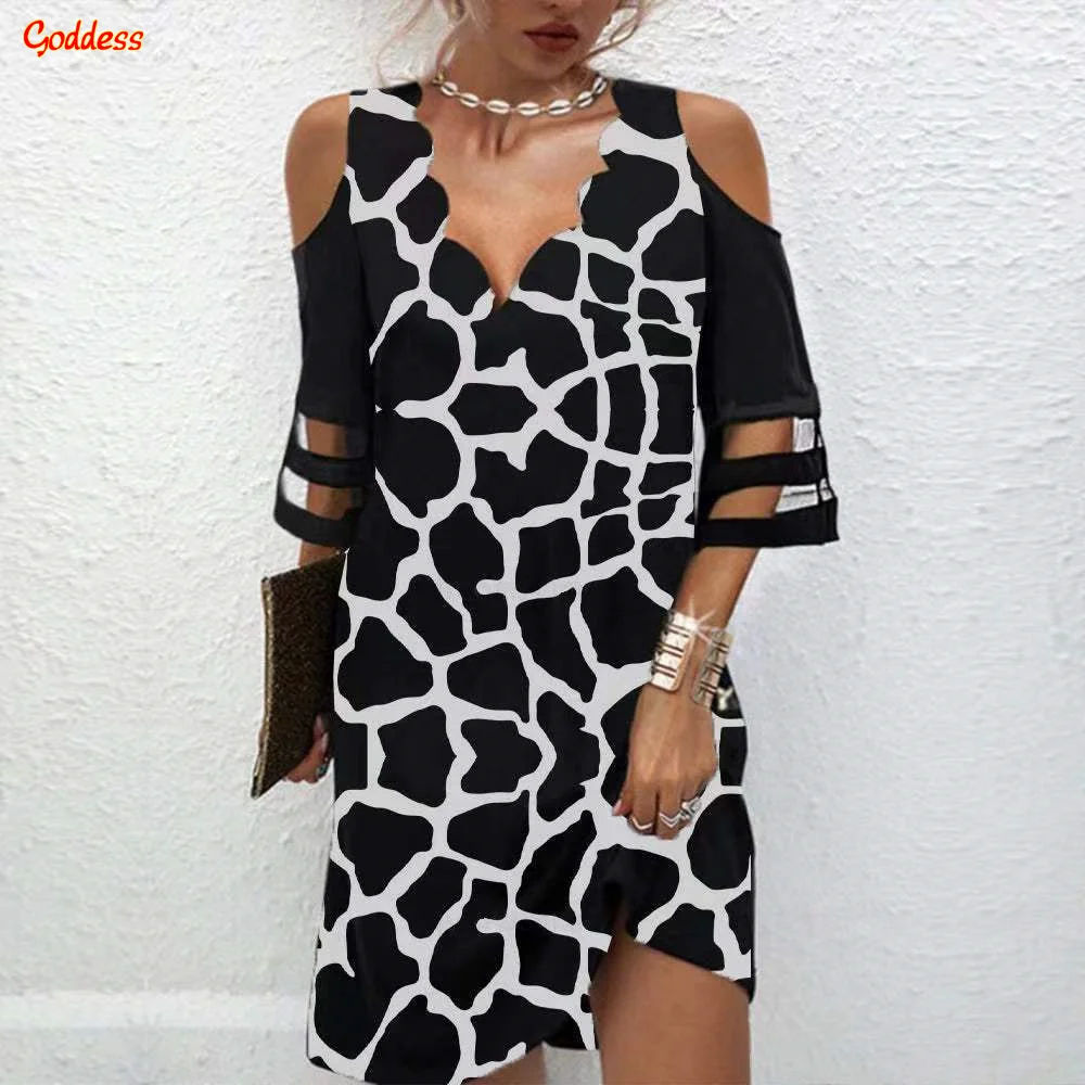 

GODDESS Women's Dress Black Sexy Print Wavy V-Neck Stitching Women's Dress Casual Off Shoulder Short Sleeve Loose Long Dress