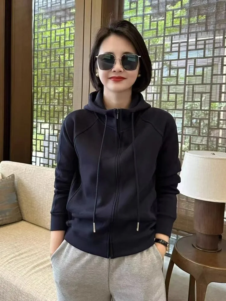 Фото Leisure Zipper Hooded Sweatshirt For Women Spring Autumn Raglan Sleeve Solid Color Cardigan 2025 New Outerwear Tops №3
