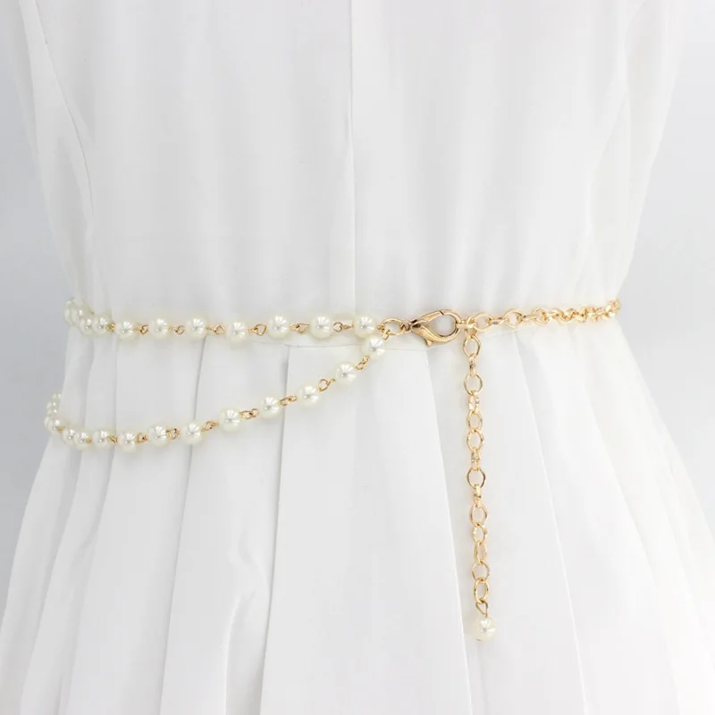 

Fashion Elegant Beaded Hook 1Pcs Pearl Decorative Metal Belt Women Belt Thin Waistband Waist Chain Dress Decorative Waist Belt