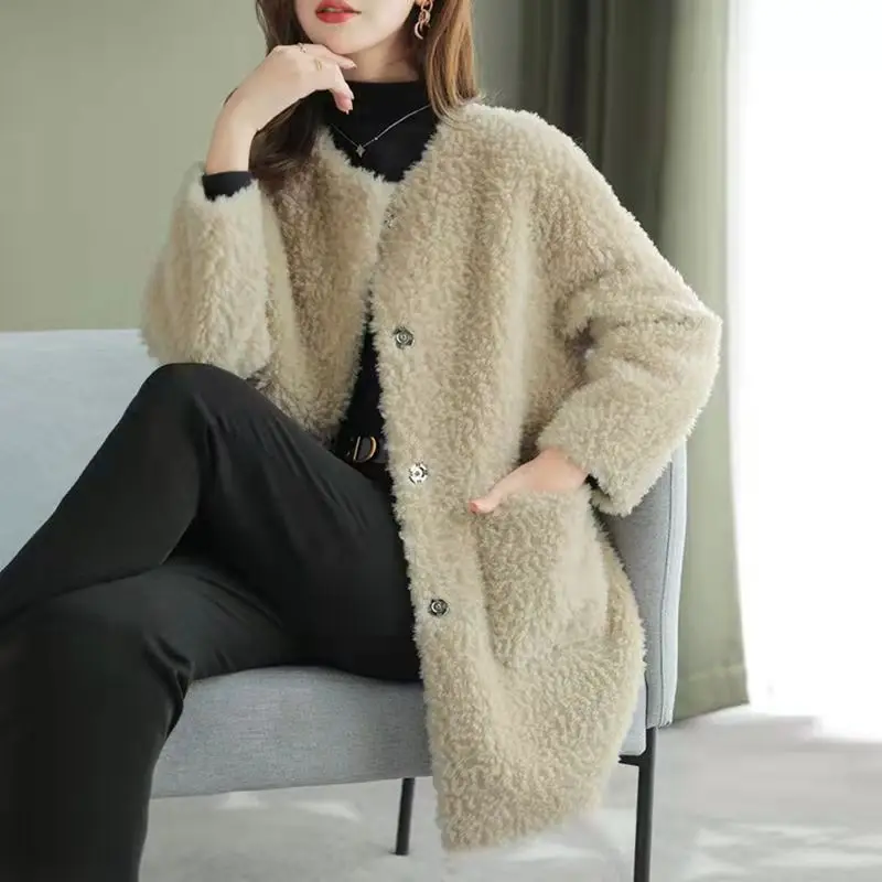 2022 Winter Pellet Sheep Faux Fur  Shearing Cashmere Coat Fur Coat Midi Long Lamb Fur One Woman Luxury Elegant Lady Clothes