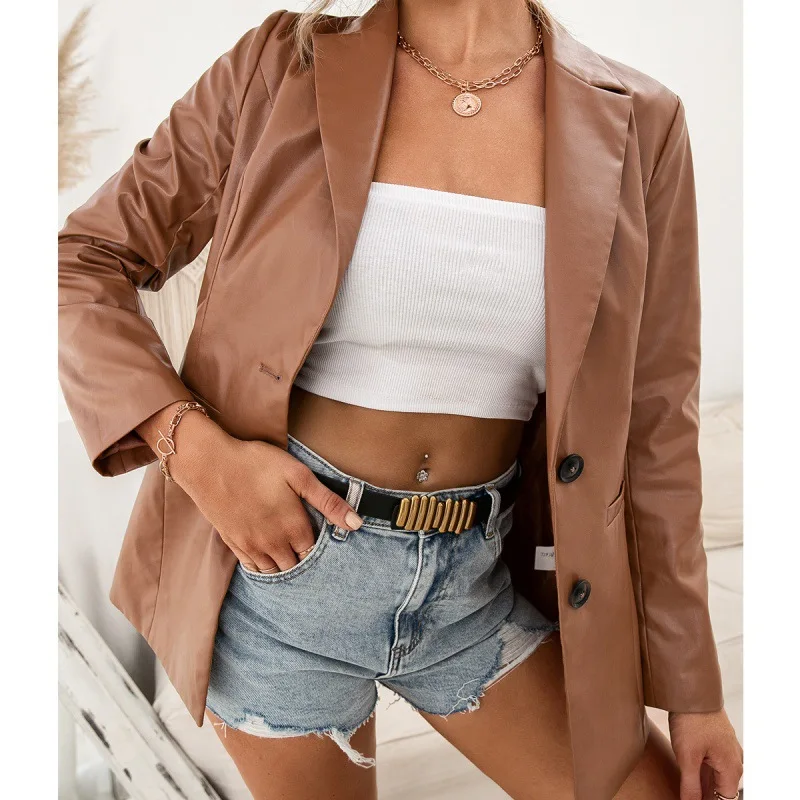 Women Brown Leather Moto Jacket Vintage Warm Female Loose Leather Suit Blazers Streetwear Ladies Fashion Trend Tops Biker Coats