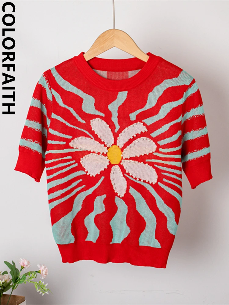 

Colorfaith New 2022 Chic Korean Fashion Knitted Sweaters Pearl Women Summer Checkered Vintage Elegant Lady Short Tops SW1946JM