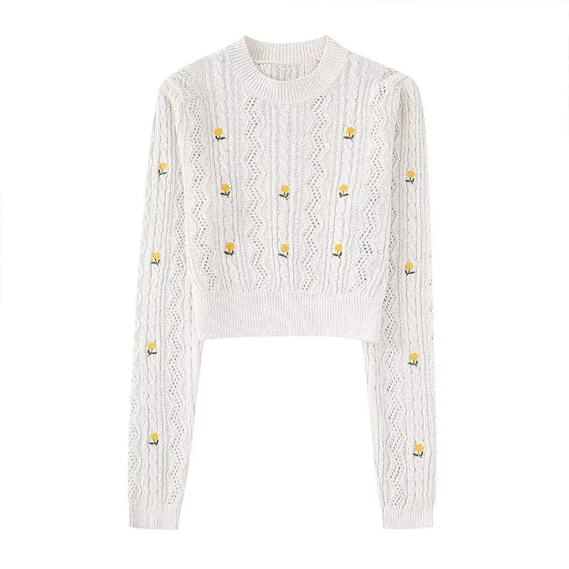 

Sweaters For Women 2022 Floral Embroidery Knitted Pullover Vintage Long Sleeve Crew Neck Female Sweater Chic Tops