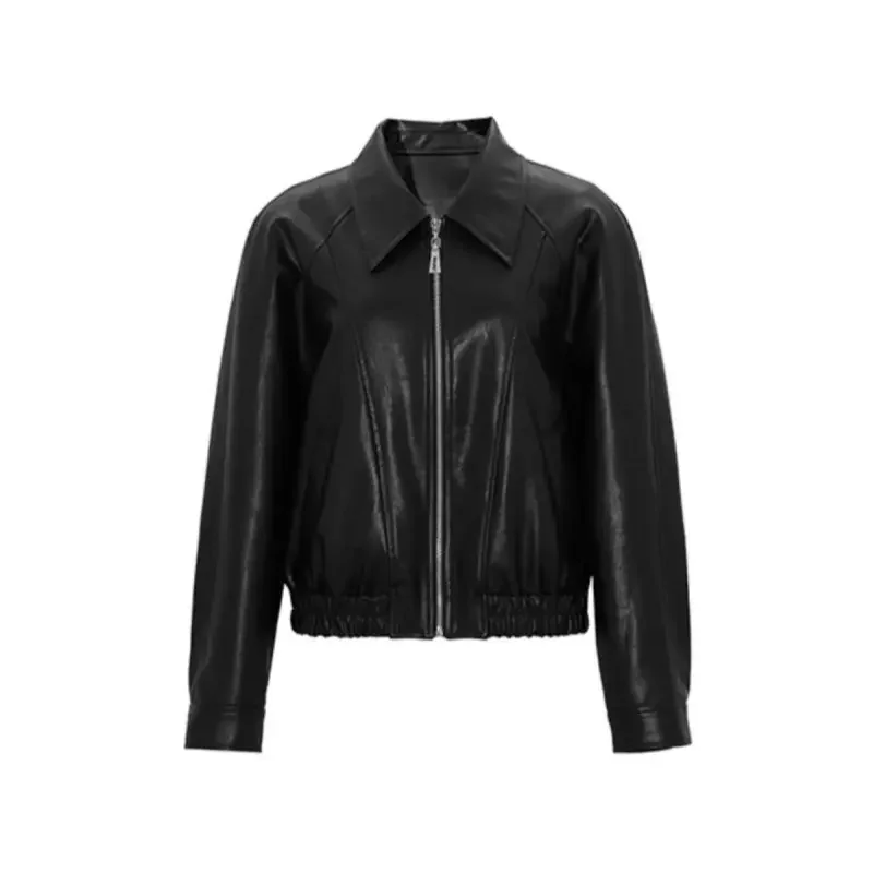 Винтажная черная кожаная куртка в стиле преппи Женская Осенняя