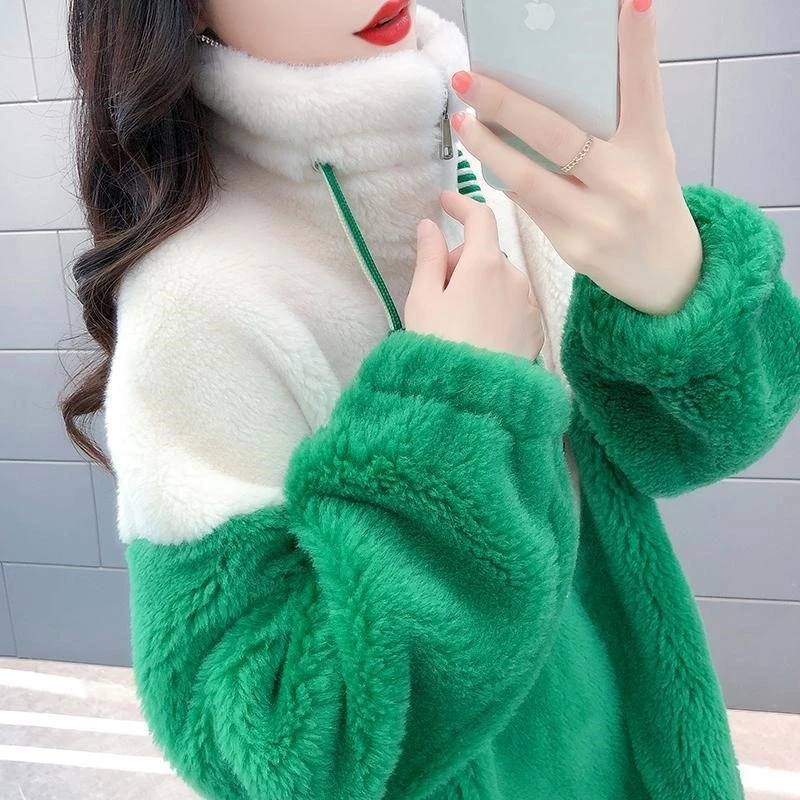 Faux Fur Coat Green White Spliced Lamb Fur Winter Jacket Women 2022 New Fashion Double Faced Fur Loose Tops Famale Clothing