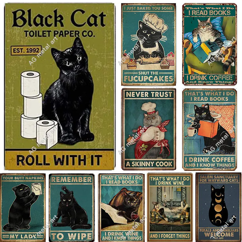 

30 *20cm Cute Cat Funny Slogan Tin Plaque for Coffee Pub Bar Club Toilet Decoration Home Vintage Metal Plate Sign Wall Poster