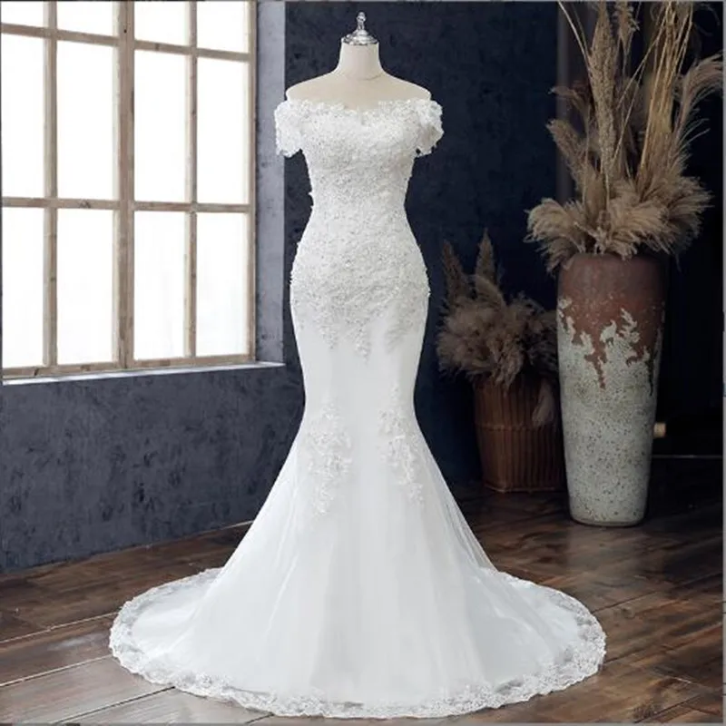 

Off The Shoulder Wedding Dresses Luxury Lace Appliques Mermaid Bride Gown Robe De Mariée Court Train Vestidos De Novia