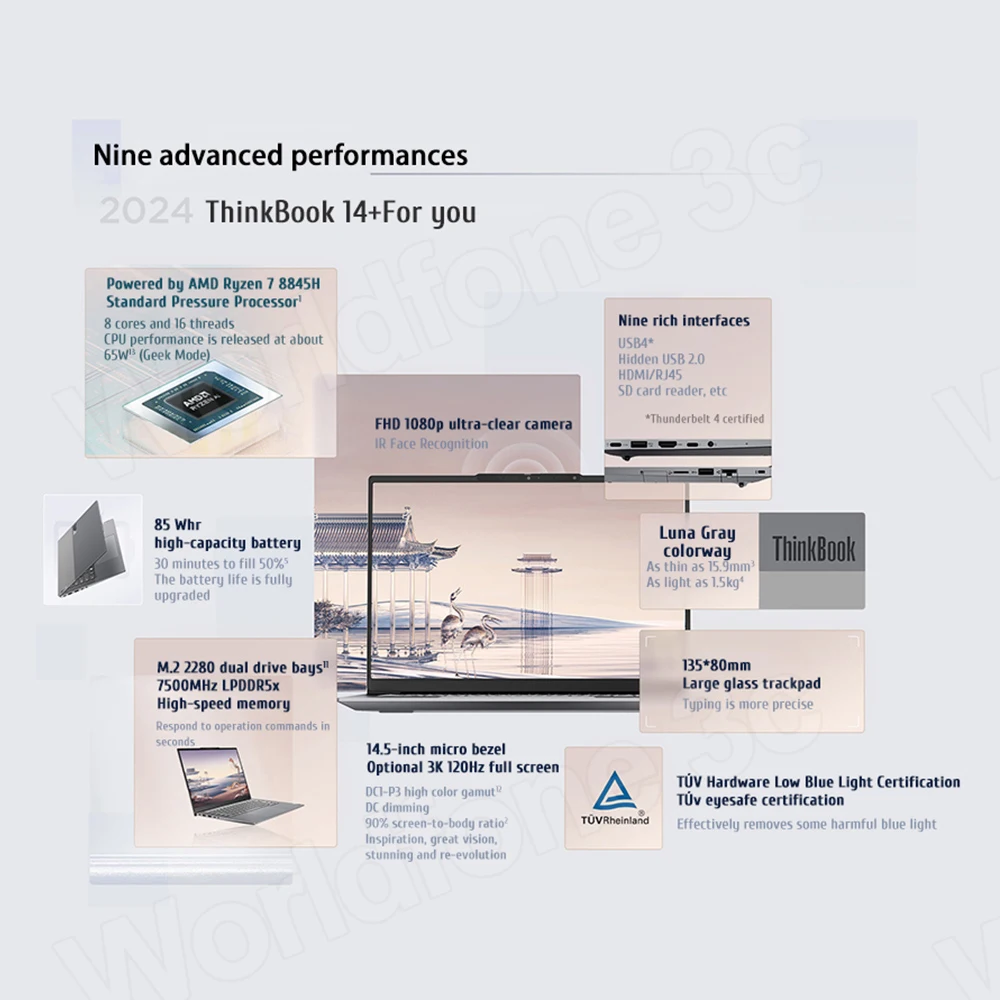 Ноутбук Lenovo ThinkBook 14+ Ryzen R7 8745H/8845H RAM 16 ГБ/24 ГБ LPDDR5x 512G/1T SSD 14 5-дюймовый 3K-экран ПК НОВЫЙ