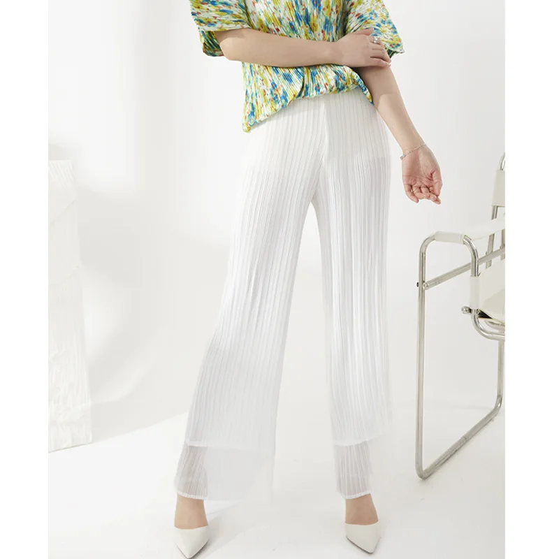 Miyake pleated casual pants all-match women's summer new high-waisted thin chiffon long straight wide-leg pants