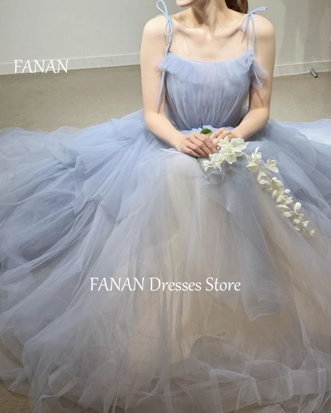Фото Женское ТРАПЕЦИЕВИДНОЕ ПЛАТЬЕ FANAN, вечернее платье на тонких бретельках, платье из тюля небесно-голубого цвета в Корейском стиле, для свадьбы, торжества, выпускного вечера №1